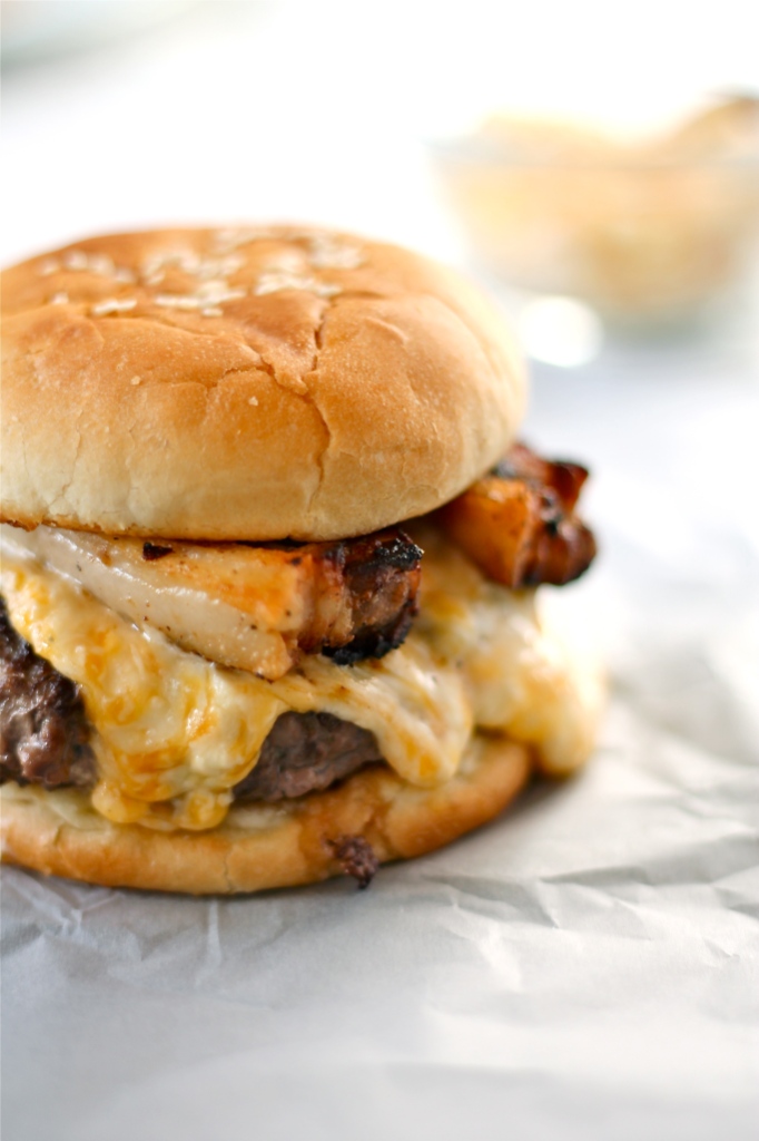 pimento cheese and pork belly burger