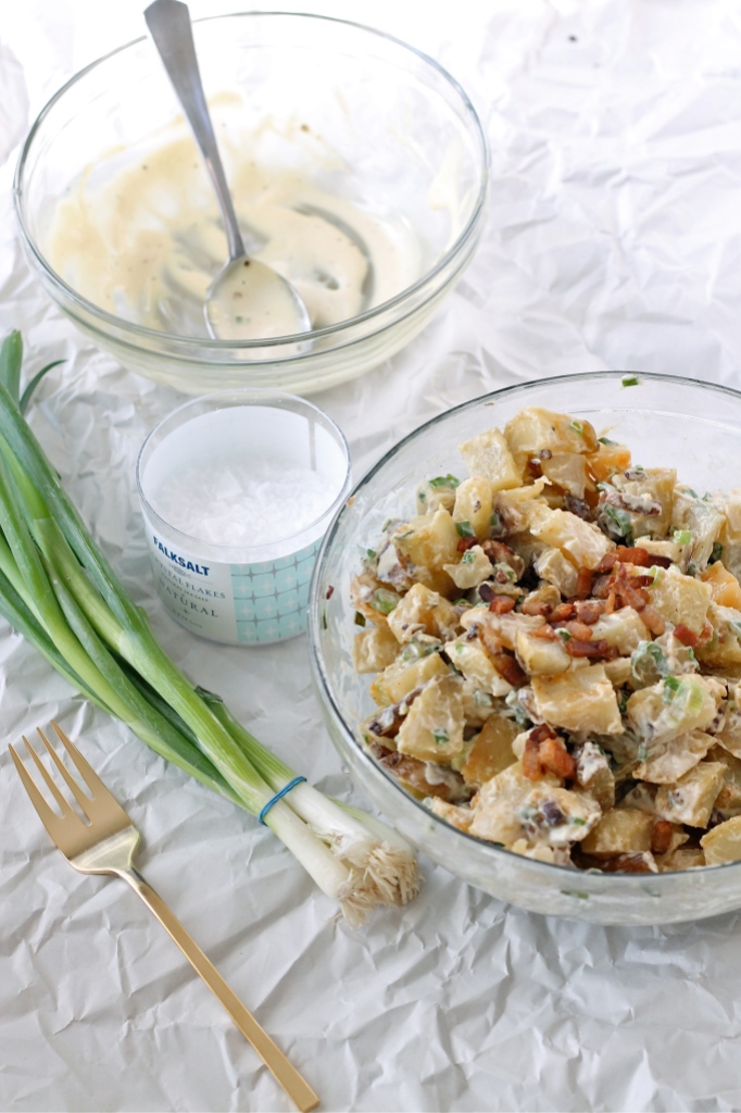 potato salad with pork belly and green onions