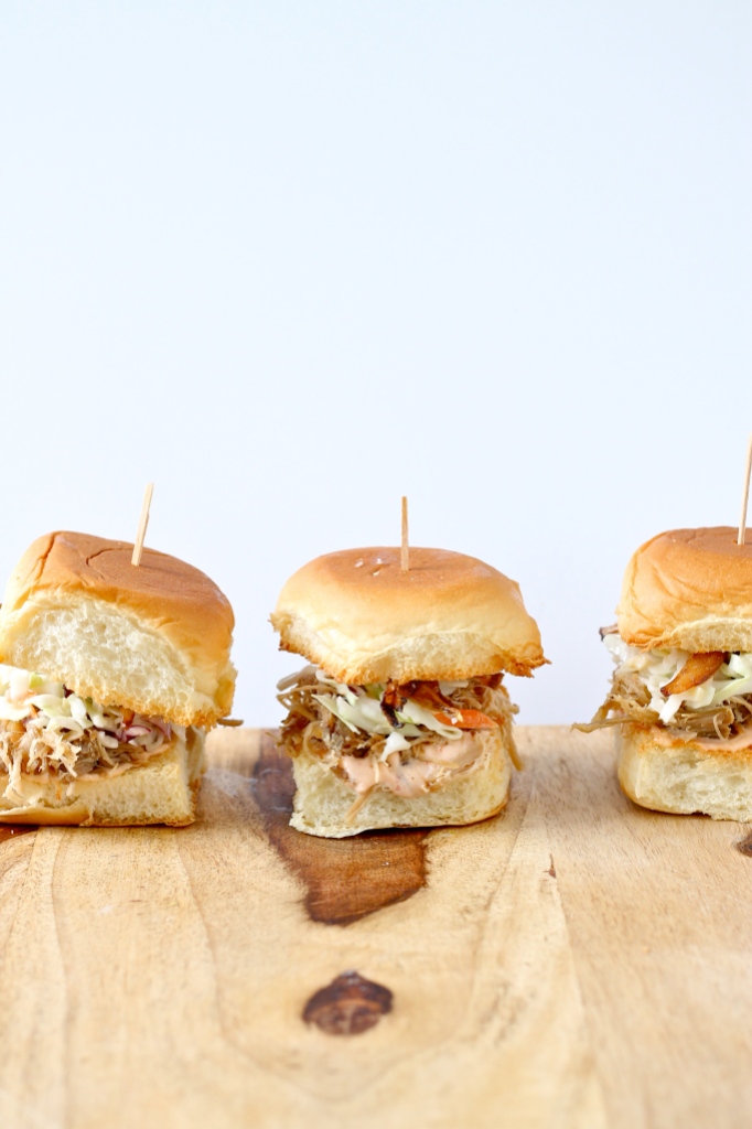 kalua pig sliders with coleslaw and fried onions