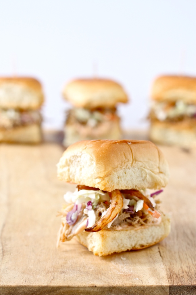 Kalua Pig Sliders with Coleslaw and fried Onions