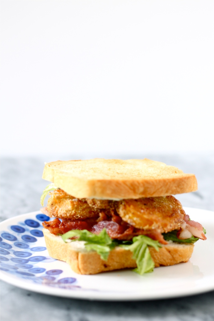 Bacon, Lettuce, and Fried Yellow Tomato Sandwiches with Basil Mayonnaise