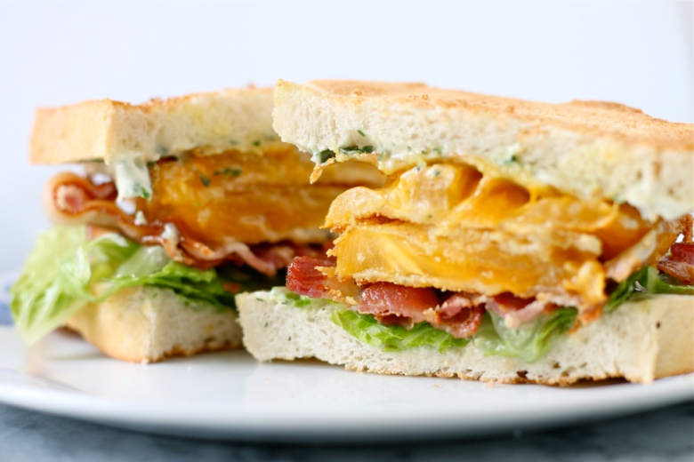 Bacon, Lettuce, and Fried Yellow Tomato Sandwiches with Basil Mayonnaise