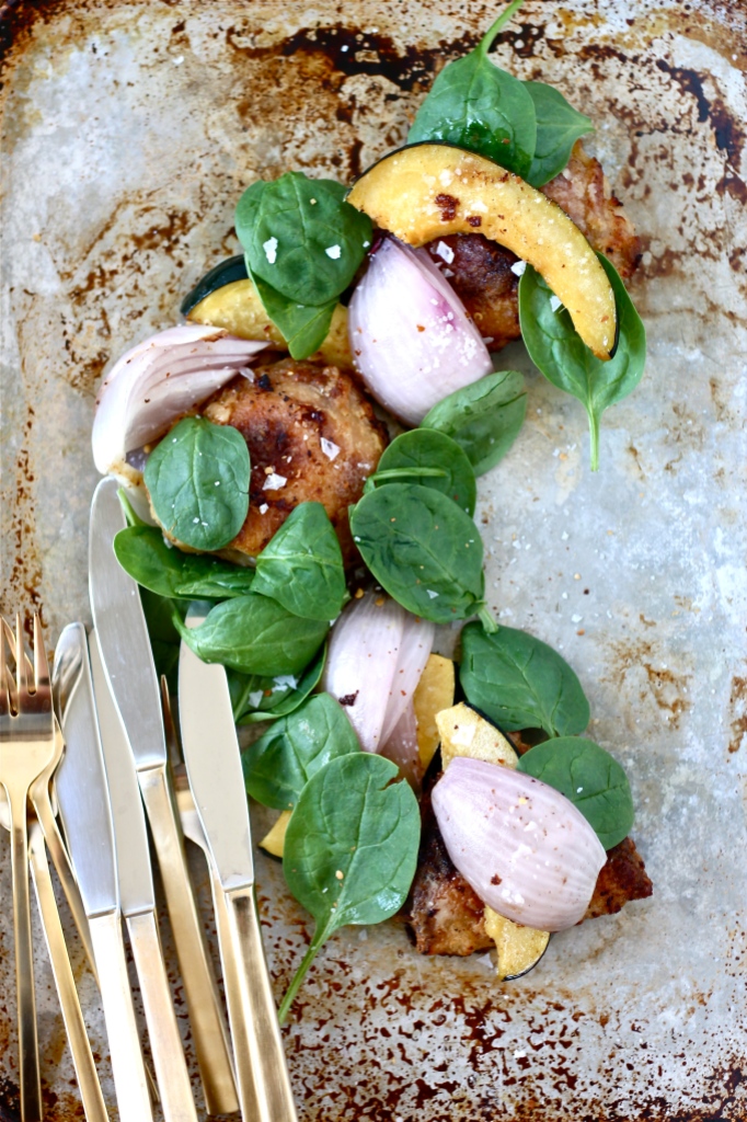 Baked "Fried" Chicken with Roasted Squash, Red Onions, and Spinach