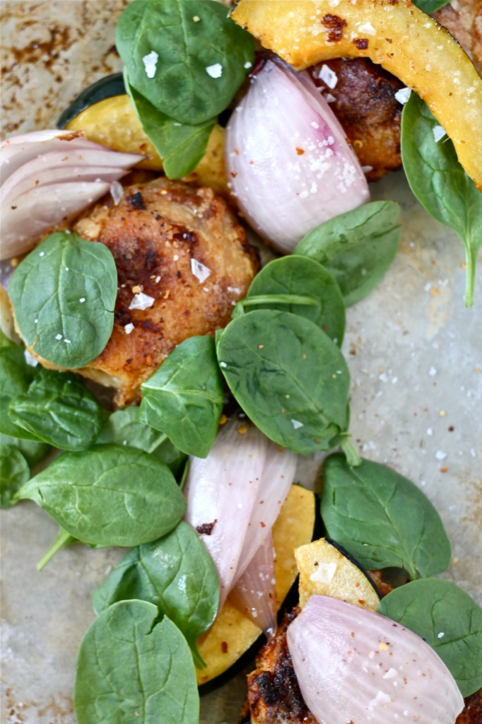 Baked "Fried" Chicken with Roasted Squash, Red Onions, and Spinach