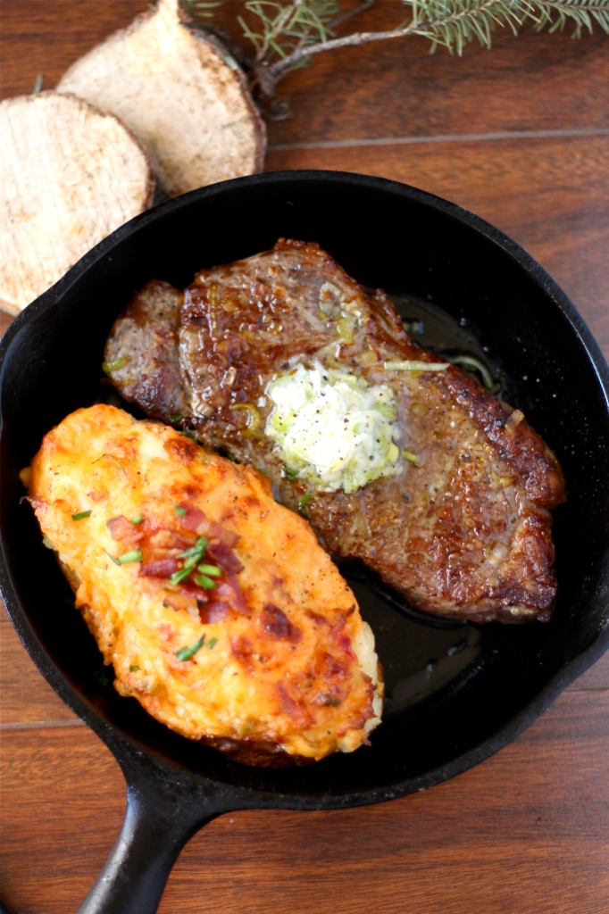 Steaks with Leek Compound Butter and Twice Baked Pimento Cheese Potatoes